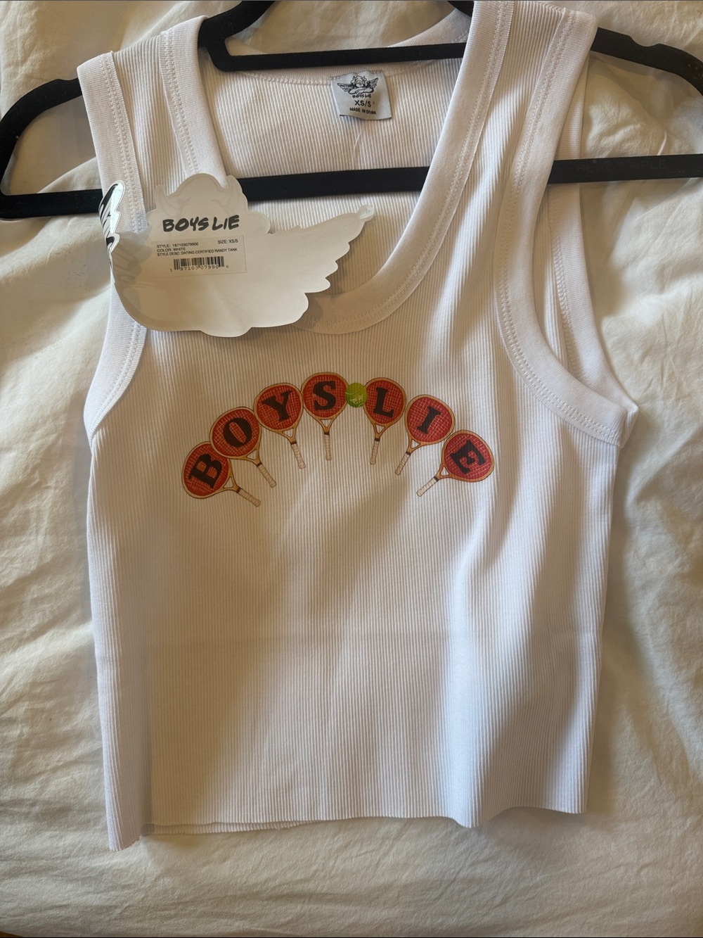 BOYS LIE White Ribbed Tank Top with Orange Ping-Pong Graphic